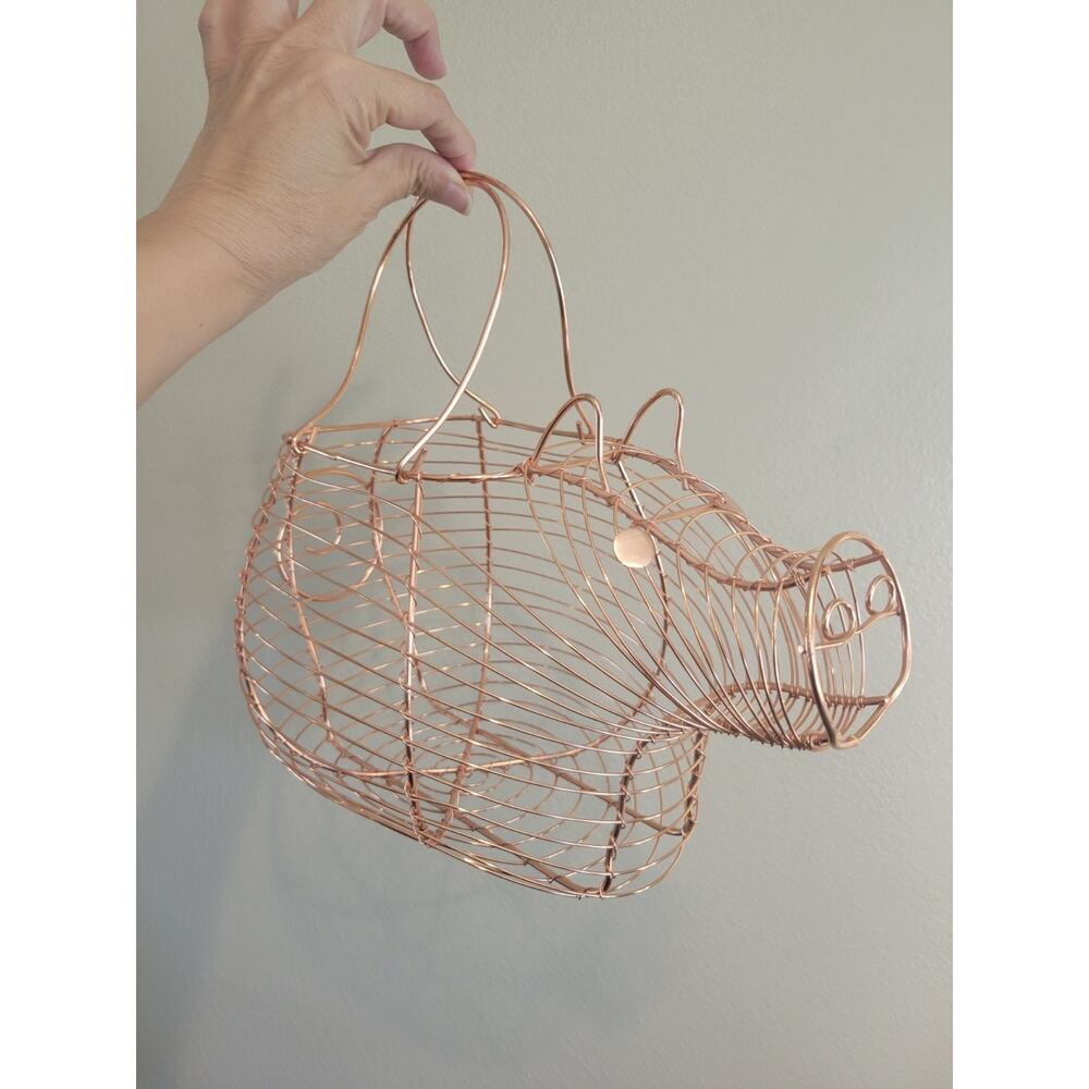 Vtg Farmhouse Copper Wire Pig Shaped Egg Basket - Rustic/Country Kitchen Decor